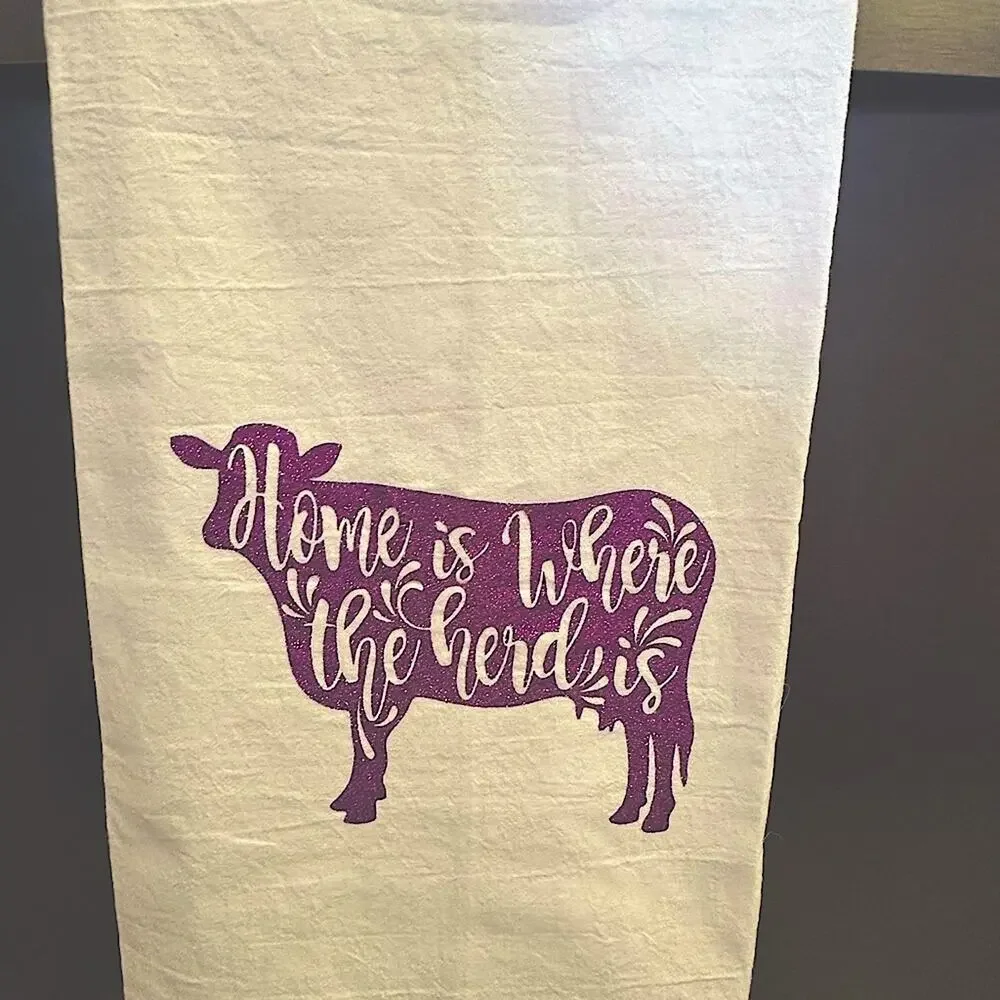 Handmade Custom Flower Sack Towel HTV Purple Cow Home is Where the Herd Is